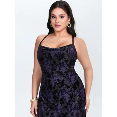 Bloomchic Women's Plus Size Floral Textured Flocked Bodycon Fit Dress Black Solid Midi Elegant Mesh Panel 12/l