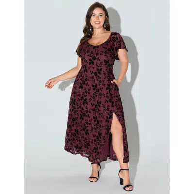 Bloomchic Women's Plus Size Floral Textured Jacquard Slit Hem Maxi Dress Burgundy Botanical Longline Elegant J
