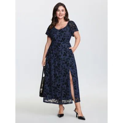Bloomchic Women's Plus Size Floral Textured Jacquard Slit Hem Maxi Dress Indigo Botanical Longline Elegant Jac In Purple