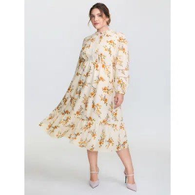 Bloomchic Women's Plus Size Floral Textured Lace Trim Flowy Midi Dress Beige Floral Midi Elegant Ruffles 18-20 In Sand