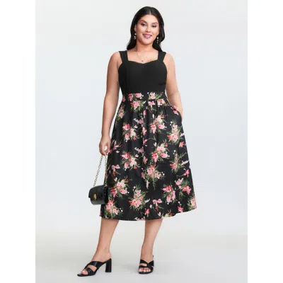 Bloomchic Women's Plus Size Floral Textured Lace Trim Slit Midi Dress Blackflower Ditsy Floral Midi Elegant Te