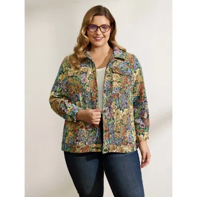 Bloomchic Women's Plus Size Floral Textured Lined Pockets Jacket Multicolor Texture O-line 12/l