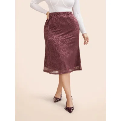 Bloomchic Women's Plus Size Floral Textured Mesh Elastic Waist Skirt Deepred See Through Skinny Fit Elegant 22 In Red
