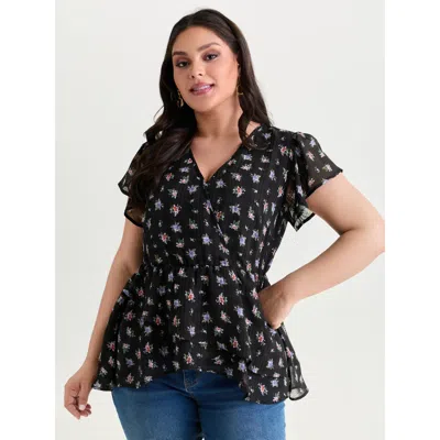 Bloomchic Women's Plus Size Floral Textured Ruffled Sleeve Blouse Blackflower Ditsy Floral Elegant Short Sleev