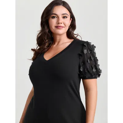 Bloomchic Women's Plus Size Floral Textured Sheer Sleeve V-neck Blouse Black Synthetic Texture Elegant Short S