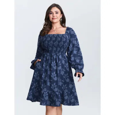Bloomchic Women's Plus Size Floral Textured Shirred Bodice Mini Dress Indigo Ditsy Floral Midi Elegant Smocked In Purple
