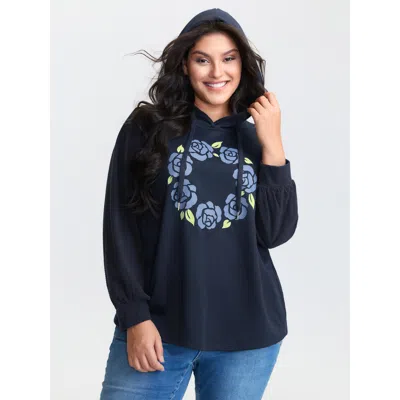 Bloomchic Women's Plus Size Floral Textured Spliced Hoodie Darkblue Casual 12/l In Blue