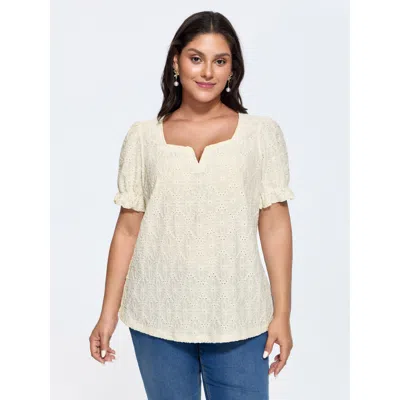 Bloomchic Women's Plus Size Floral Textured Split Neckline Blouse Ivory Solid Elegant Short Sleeve V-notch Nec In White