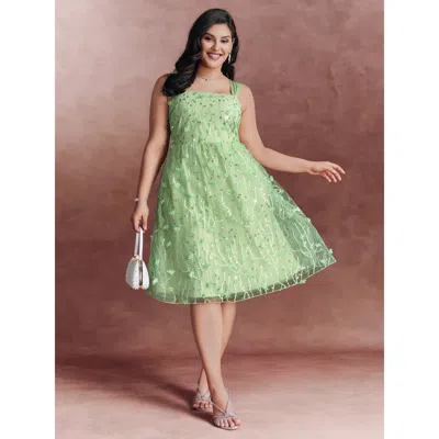 Bloomchic Women's Plus Size Floral Textured Square Neckline Lined Midi Dress Greenbean Non Midi Party Embroide