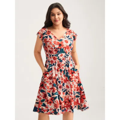 Bloomchic Women's Plus Size Floral Three-layered Stretchy Waist Mini Dress Coral Elegant Ruffles 12/l In Orange