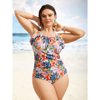 Bloomchic Women's Plus Size Floral Tie Knot Ruffle Trim One Piece Swimsuit Multicolor Floral Tie Knot Adaptive