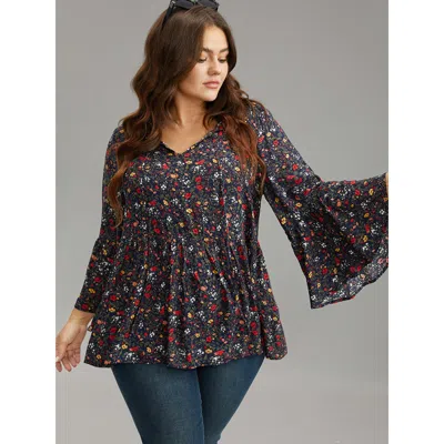Bloomchic Women's Plus Size Floral Tie Neck Frill Trim Bell Sleeve Blouse Indigo Dailywear Long Sleeve 12/l In Purple