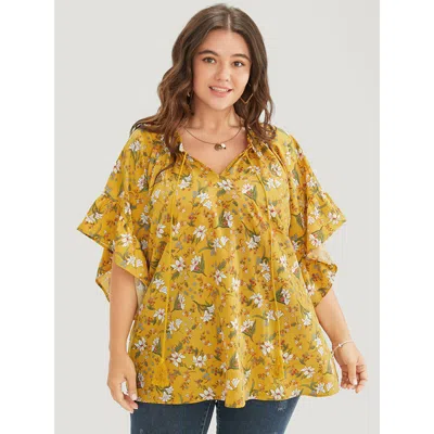 Bloomchic Women's Plus Size Floral Tie Neck Tassels Frill Trim Ruffle Sleeve Blouse Yellow Dailywear Short Sle
