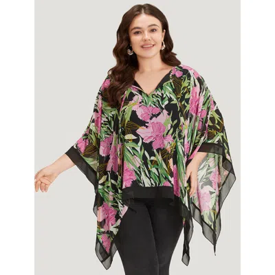 Bloomchic Women's Plus Size Floral Ties Batwing Sleeve Hanky Hem Layered Blouse Multicolor Going Out 3/4 Sleev