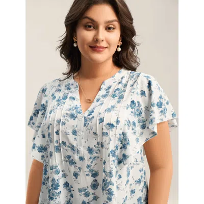 Bloomchic Women's Plus Size Floral Toothpick Pleat Sheer Blouse Originalwhite Ditsy Floral Elegant Short Sleev