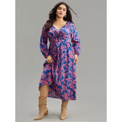Bloomchic Women's Plus Size Floral Twist Front Pocket Lantern Sleeve Dress Darkblue Dailywear Elastic Cuffs 10 In Blue