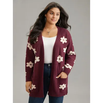 Bloomchic Women's Plus Size Floral Two Tone Open Front Cardigan Burgundy Long Sleeve 10/m