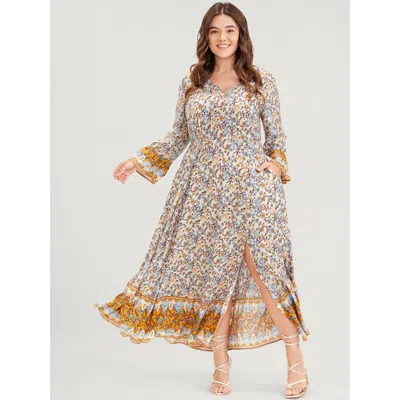 Bloomchic Women's Plus Size Floral V Neck Bell Sleeve Split Pocket Ruffles Maxi Dress Whitesmoke Floral Dailyw