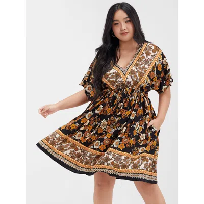 Bloomchic Women's Plus Size Floral V Neck Elastic Waist Pocket Ruffles Knee Dress Blackflower Floral Dailywear