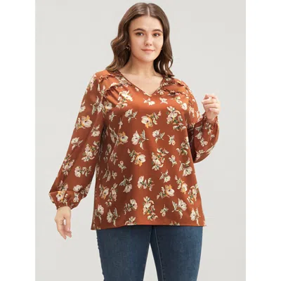 Bloomchic Women's Plus Size Floral V Neck Ruffles Trim Lantern Sleeve Blouse Bronze Floral Dailywear Long Slee In Brown