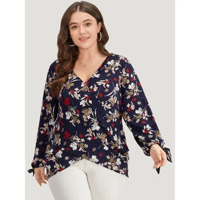 Bloomchic Women's Plus Size Floral V Neck Wrap Twist Sleeve Blouse Indigo Dailywear Long Sleeve 26/4x In Purple