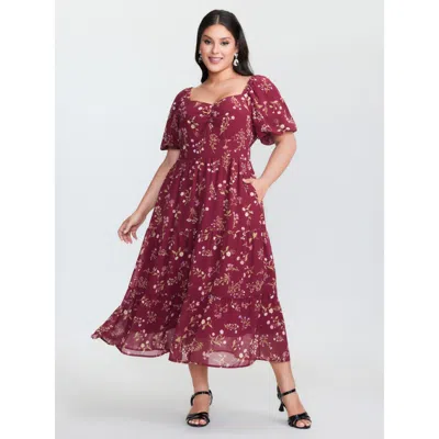 Bloomchic Women's Plus Size Floral Vanilla Print Sweetheart Neckline Maxi Dress Burgundy Ditsy Floral Maxi Ele