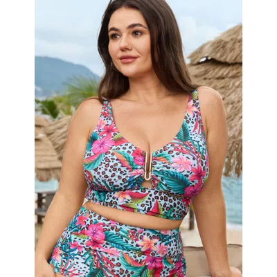 Bloomchic Women's Plus Size Floral Vibrance Cut-out Bikini Top Mint Leopard Cut-out Adjustable Straps 18-20/2x In Green