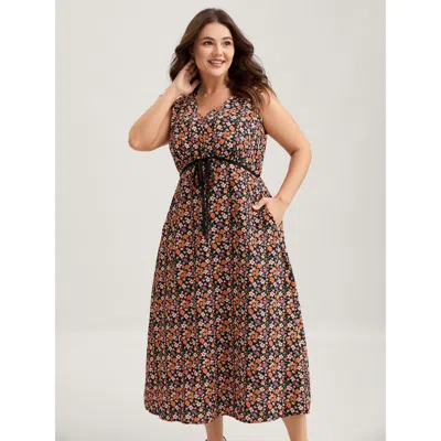 Bloomchic Women's Plus Size Floral Waist Tie Side Pockets Midi Dress Black Floral Midi Elegant 30/6x