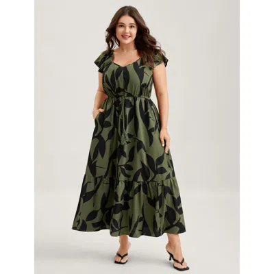 Bloomchic Women's Plus Size Floral Waist-cinched Drawstring Maxi Dress Armygreen Tropical Maxi Elegant Ruffles