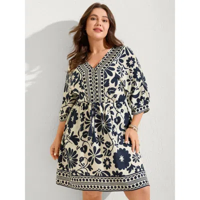 Bloomchic Women's Plus Size Floral Waist-drawstring Tassel Mini Dress Navy Botanical Mini Vacation Patchwork 1 In Blue