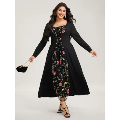 Bloomchic Women's Plus Size Floral Waist-tie Contrast Maxi Dress Black Party Maxi Colorblock Square Neck 12/l