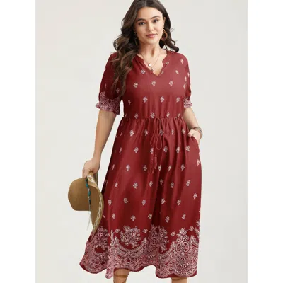 Bloomchic Women's Plus Size Floral Waist-tie Notched Collar Midi Dress Burgundy Ethnic Floral Midi Vacation Ru