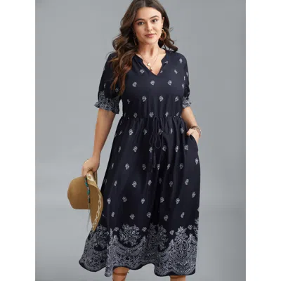 Bloomchic Women's Plus Size Floral Waist-tie Notched Collar Midi Dress Indigo Ethnic Floral Midi Vacation Ruff In Purple