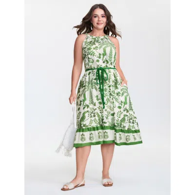 Bloomchic Women's Plus Size Floral Whisper Print Waist-tie Midi Dress Originalwhite Tropical Midi Vacation Lac
