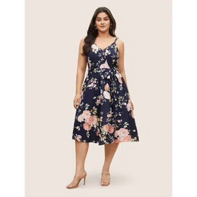 Bloomchic Women's Plus Size Floral Wrap Elastic Waist Belted Sleeveless Dress Darkblue Floral Midi Elegant Non In Blue
