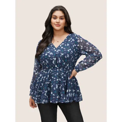 Bloomchic Women's Plus Size Floral Wrap Elastic Waist Mesh Patchwork Blouse Indigo Party Long Sleeve 10/m In Purple