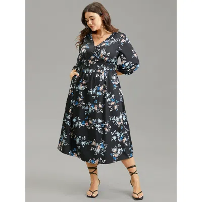 Bloomchic Women's Plus Size Floral Wrap Gathered Lantern Sleeve Dress Multicolor Vacation Elastic Cuffs 12/l
