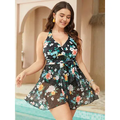 Bloomchic Floral Wrap Knot Front Mesh Ruffle Hem Swim Dress