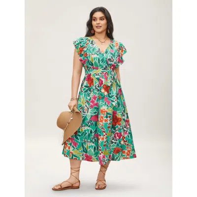 Bloomchic Women's Plus Size Floral Wrap Patchwork Ruffle Cap Sleeve Dress Emerald Graffiti Midi Vacation Ruffl In Green