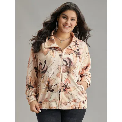 Bloomchic Women's Plus Size Floral Zipper Gathered Elastic Cuffs Jacket Multicolor Elastic Cuffs 18-20/2x