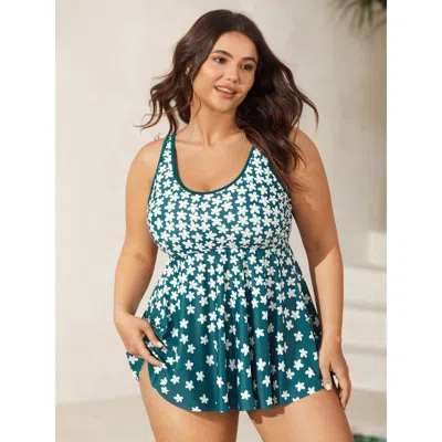 Bloomchic Women's Plus Size Florals Everywhere Fit-and-flare Swim Top Cyan Ditsy Floral Printed Adaptive-fit 1 In Blue