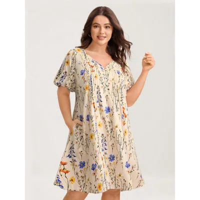 Bloomchic Women's Plus Size Florals Everywhere Toothpick Pleat Mini Dress Champagne Floral Mini Elegant Tucked In Gold