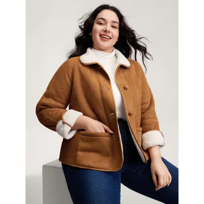 Bloomchic Women's Plus Size Fluffy Contrast Buttons Quilted Coat Yellowishbrown Button H-line 12/l