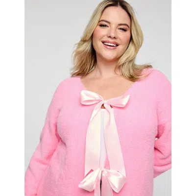 Bloomchic Women's Plus Size Fluffy Ribbon Bowtie Knit Cardigan Lightpink Long Sleeve 18-20/2x