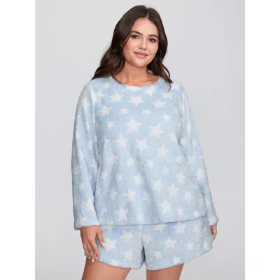 Bloomchic Women's Plus Size Fluffy Star Print Pockets Loungewear Set Lightblue Non Long Sleeve Texture 10/m In Blue