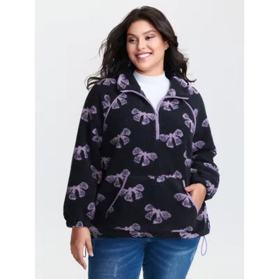 Bloomchic Women's Plus Size Fluffy Texture Bowknot Pattern Adjustable Sweatshirt Midnight Casual 12/l In Blue