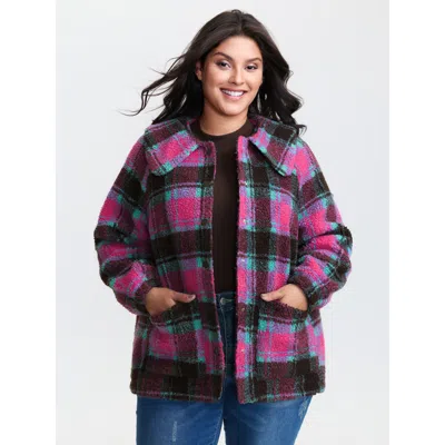 Bloomchic Women's Plus Size Fluffy Texture Plaid Button-front Coat Multicolor Non Boxy 14-16/1x
