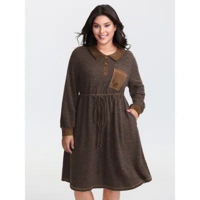 Bloomchic Women's Plus Size Fluffy Textured Color Contrast Midi Dress Darkbrown Non Knee Casual Drawstring 10/ In Brown