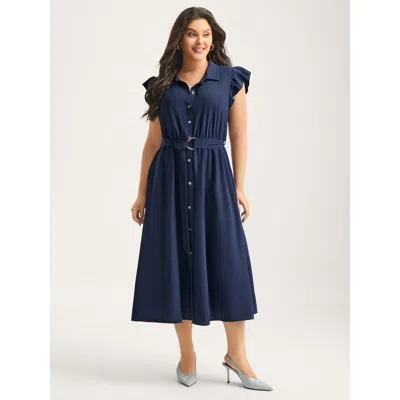 Bloomchic Women's Plus Size Flutter Sleeve Belted Shirt Dress Darkblue Non Midi Office 10/m In Blue