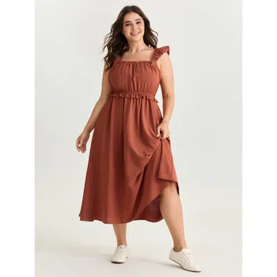 Bloomchic Women's Plus Size Flutter Sleeve Fit And Flare Midi Dress Rust Midi Casual 10/m In Brown